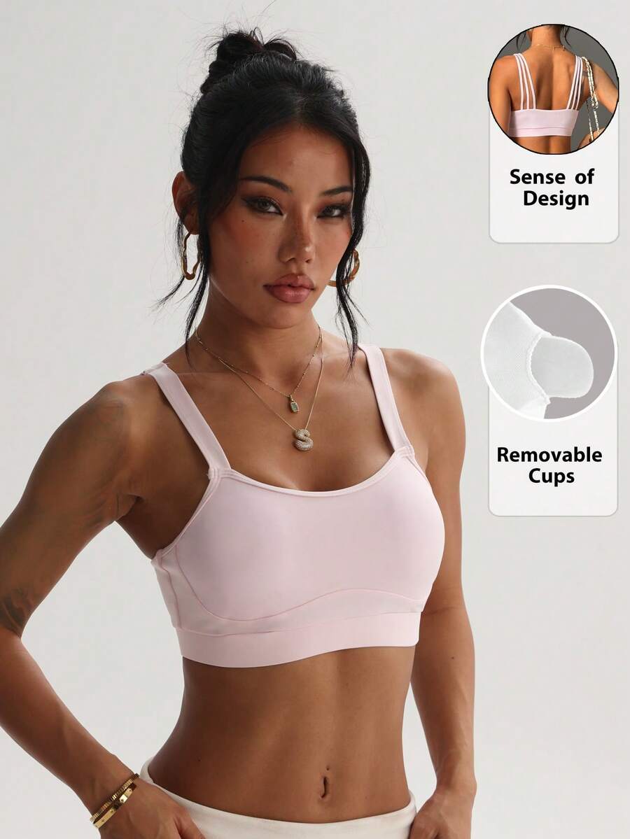 Women's Solid Color Removable Padded Round Neck Backless Sports Knit Bra - Pink - View 1