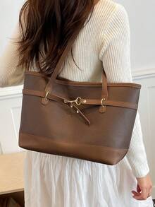 Women Color‑BlockTote Bag, Large Capacity Shoulder Handbag With Gold Metal Buckle For Work Daily Travel - Coffee Brown - View 5