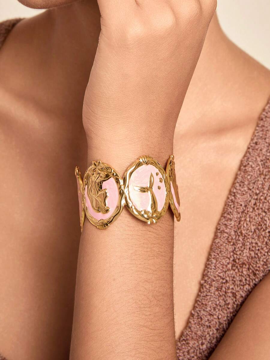 Altistry 1pc Summer Fashion Starfish & Seashell Dip-Dye Gold-Tone Stainless Steel 18K Gold Bangle Bracelet - Pink - View 1