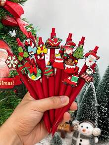 24pcs(4 Pens + 30 Refills) Christmas Theme Ballpoint Pens, Neutral Pens, Cartoon Gingerbread Man, Santa Claus, Snowflake And Other Random Styles, Black Medium Nib, Clickable Ballpoint Pens, Comfortable Grip, Smooth Writing, Suitable For Student Supplies, Fun Stationery, Office And School Daily Writing Tools. - Multi-color Set - View 2