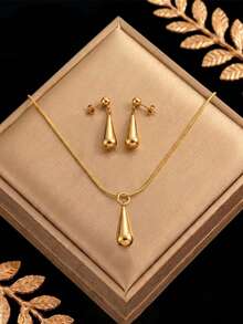 RAYQUEEN 1 Set Stainless Steel Fashion Water Drop Pendant Necklace + Stud Earrings Set, Suitable For Daily Wear - Gold - View 5