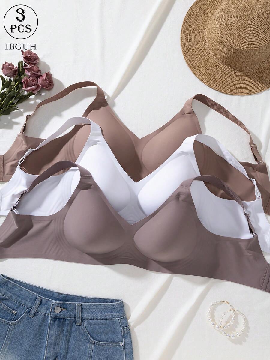 3pcs Jelly Glue Wireless Plus Size Bra, Adjustable Wide Strap, Soft Skin-Friendly Breathable Comfortable Bra, Back Hook Closure With 4 Rows Of Hooks, Suitable For Commuting And Daily Wear, Plus Size Women's Bra