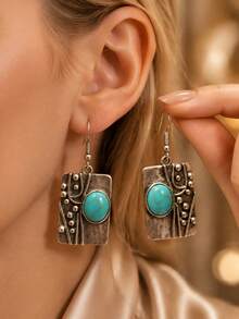1 Pair Vintage Bohemian Style Women's Oval Stone Rectangular Pendant Earrings, Daily Party Jewelry - Antique Silver - View 1