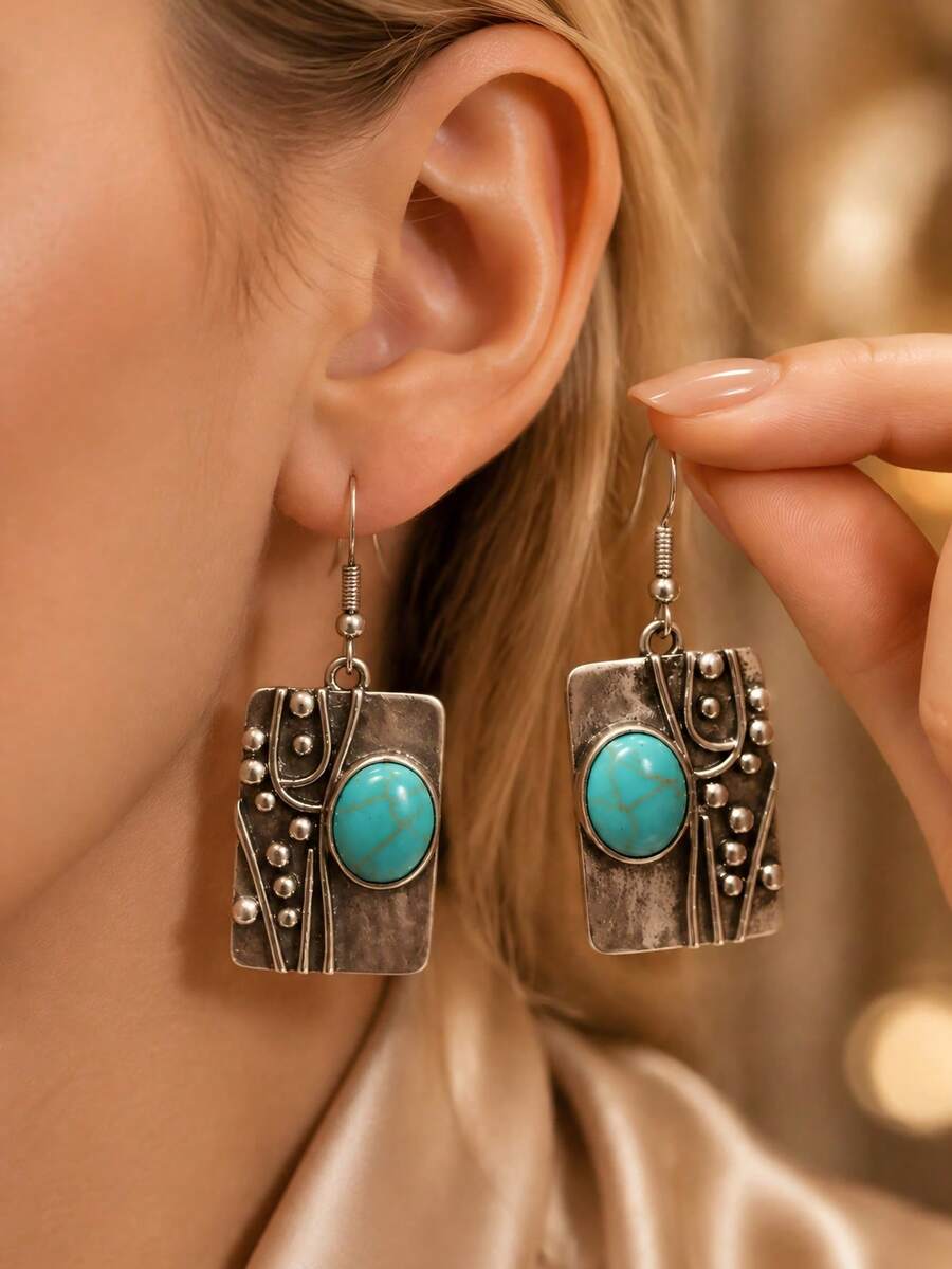 1 Pair Vintage Bohemian Style Women's Oval Stone Rectangular Pendant Earrings, Daily Party Jewelry - Antique Silver - View 1