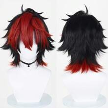 Black Ombre Red Men Synthetic Wigs With Bangs Short Straight Anime Game Cosplay Fluffy Heat Resistant Wig For Daily Party - Black - View 12