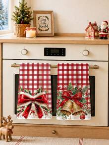2pcs Christmas Red Plaid Bow Bell Holly Pine Cone Pattern Kitchen Towels, Soft Polyester Dish Cloths, Suitable For Kitchen Decor, Kitchen Cleaning, Holiday Party Decoration, Kitchen Bathroom Supplies Home Essentials, Home Decor, Housewarming Gift - Multicolor - View 6