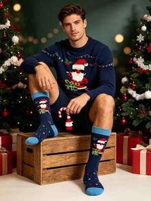 1 Pair Men's Mid-Calf Socks, Navy Blue Cool Fashion Glasses Santa Claus Fun Socks, Autumn/Winter Christmas Halloween Holiday Colorful Lights Gift Box Holly Pattern Socks, Warm Breathable Festive Atmosphere Men's Autumn/Winter Long Socks, Christmas Halloween Party Gathering Daily Commute Winter Outfit, Creative Holiday Gift For Men, Women, Couples - Multicolor - View 4