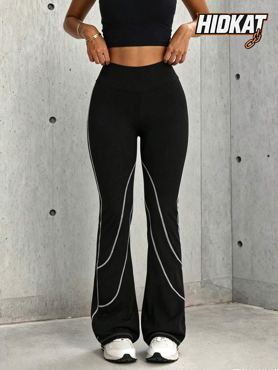 Hidkat Women's Fashion Solid Color High Waist Elastic Yoga Casual Sports Knit Long Pants - Black - View 1