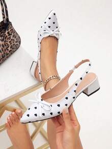 White Heart‑Print Bow Slingback Pointed Toe Pumps For Women, Solid Block Heel Dress Party Heels - White - View 4