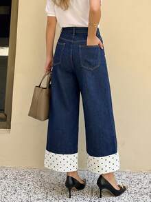 Vintage Dark Blue Mid-High Waist Wide Leg Jeans For Women, Polka Dot Print Patchwork Hem Loose Straight Leg Contrast Color Design Denim Pants - Dark Wash - View 2