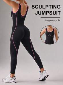 Jumpsuit Pembentuk Tubuh Wanita Tanpa Jahitan dengan Blok Warna, Pengontrol Perut, Pengangkat Bokong, Tanpa Punggung, Pas Ramping, Elastis, untuk Yoga dan Olahraga. - Hitam - View 2