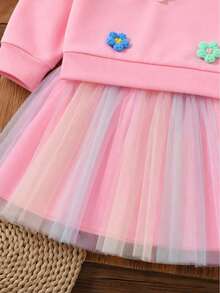 Autumn New Young Girl Fresh Pink 2 In 1 3D Floral Round Neck Gradient Mesh Dress, Sweet Versatile Loose Comfortable Breathable Casual School Daily Outfit - Pink - View 4