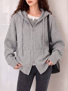 Women's Autumn/Winter Elegant Minimalist Casual Hooded Cardigan Jacket - Light Grey - View 1