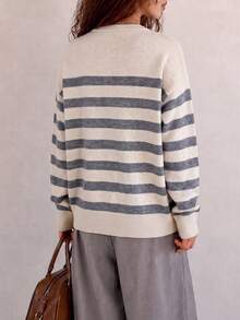 Cardigan Rajut Bergaris Minimalis Klasik Serbaguna Kasual Musim Gugur/Dingin untuk Wanita - Krem - View 2