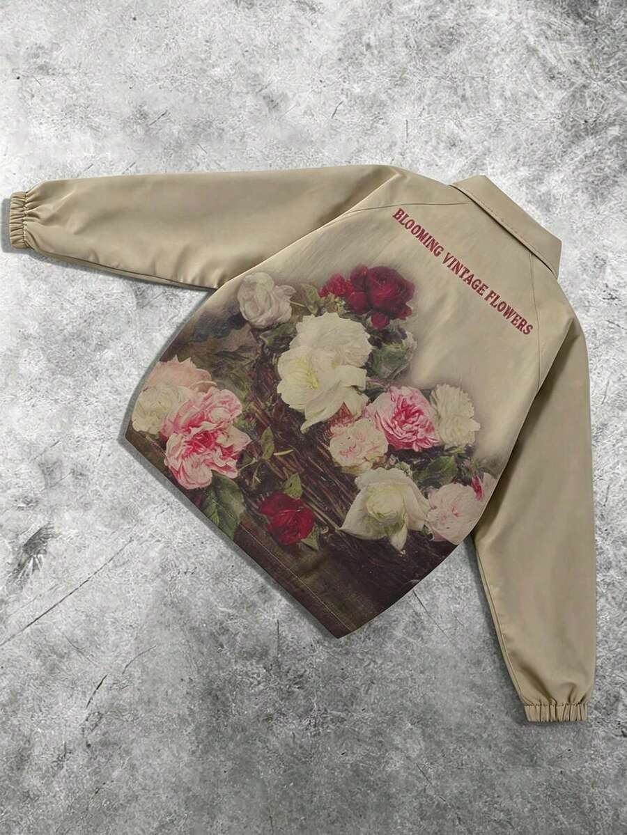 Men's Vintage Oil Painting Floral Back Print Coach Jacket, Turn-Down Collar Full Zip Elastic Cuff Loose Fit Streetwear Jacket, Suitable For Spring And Autumn Daily Wear - Khaki - View 1