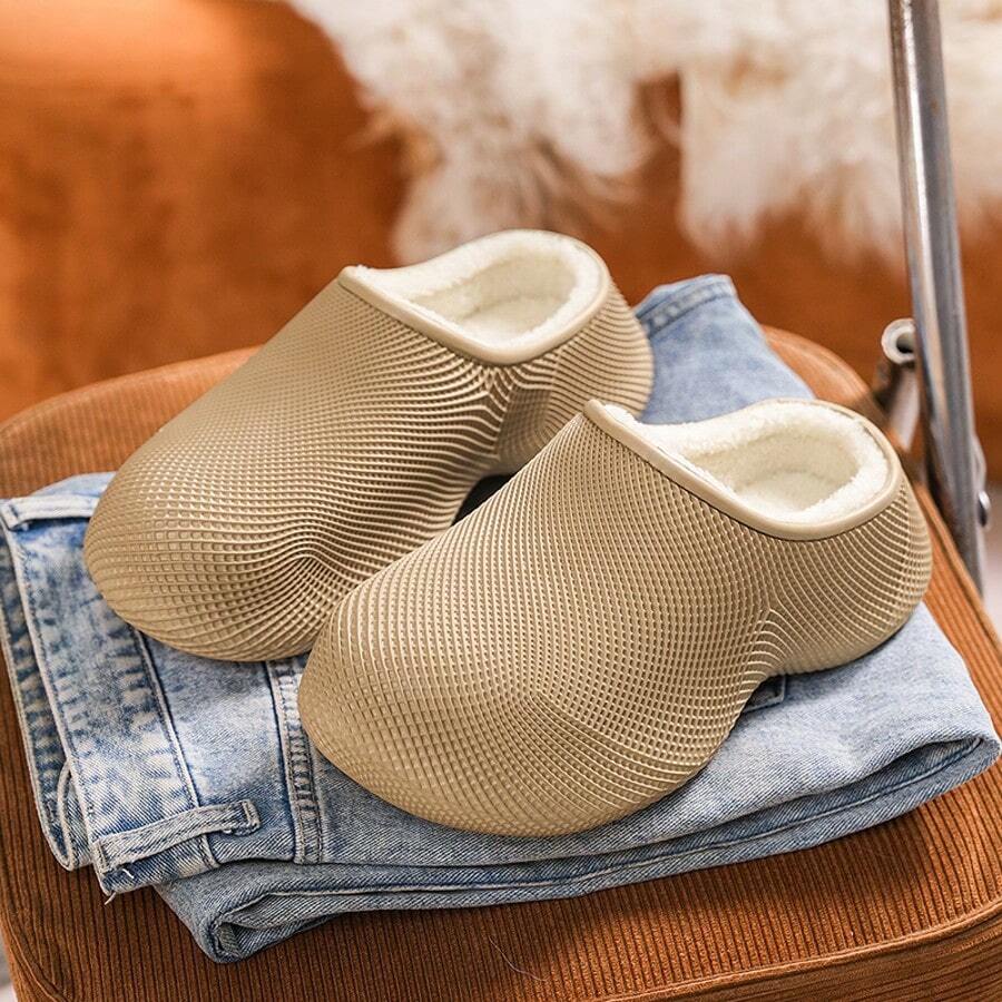 Couples Thermal Lined Thick Sole Closed Toe Clog Slippers, Warm Slouchy Slip-On House Shoes For Autumn/Winter - Brown - View 1