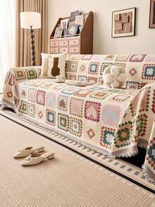 1pc Bohemian Geometric Rhombus Pattern Sofa Cover Blanket With Tassels, Universal One-Piece Sofa Slipcover, Washable Anti-Cat Scratch Furniture Protector, Suitable For 1/2/3 Seater Sofa, Home Decor - Multicolor - View 2