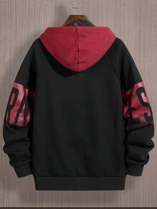 Men's Spring/Autumn Thin Colorblock Letter Print Drawstring Hooded Sweatshirt, Slim Fit Sports Casual Top - Red - View 3