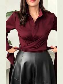 Women's Elegant Elegant Lapel Long Sleeve Tie Waist Satin Blouse, Solid Color Front Button Closure, Suitable For Commute, Daily Wear And Dating - Burgundy - View 9