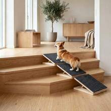Adjustable Wooden Dog Ramp For Small And Senior Dogs, Foldable Indoor Pet Ramp With Height Adjustable Triangular Support And Non-Slip Carpet, No Assembly Required ￼ - Multicolor - View 2