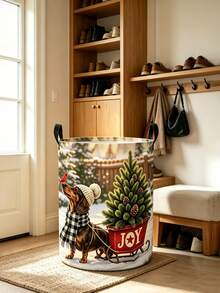 Laundry Basket/Dirty Clothes Basket,Storage Boxes In Bedrooms And Bathrooms, Joyful Dachshund Decor Pattern-Foldable Circular Clothes Basket - Multicolor - View 5