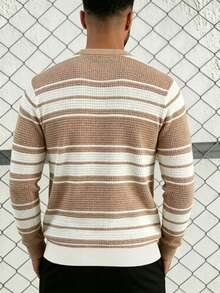 GRDR Men's Striped Colorblock Hollow Knit Sweater - Fashionable Minimalist Long Sleeve Pullover - Apricot - View 9