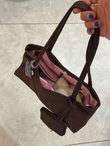 Tote Bag With Round Coin Purse And Small Square Pouch Charm, Large Capacity Multi-Compartment For Cosmetics And Personal Items, Snap Closure, Minimalist Casual Commuter Style, Suitable For Office Workers And Students For Daily Outings, Shopping And Classes, Dark Brown Shoulder Large Bag, Lightweight Versatile Practical Women's Bag - Coffee - View 7