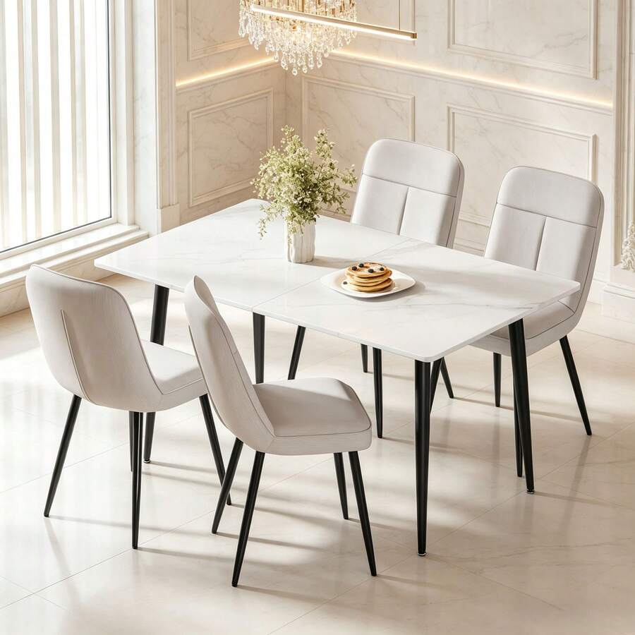 Dining Table And Chairs Set Of 4, 120cm Marble Effect Dining Table With 4 Velvet High Back Dining Chairs, Modern Dining Table Set For Dining Room Kitchen - White Table + White Velvet Chair - View 1