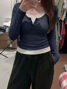 女款 2-In-1 層次感 T-Shirt，甜辣風花卉針織長袖上衣，百搭通勤襯衫，夏季 - 藏蓝色 - 查看 6
