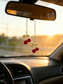 1pc Cherry Car Rearview Mirror Hanging Decoration, Car Interior Decoration Pendant, Car Interior Accessory - A - View 1