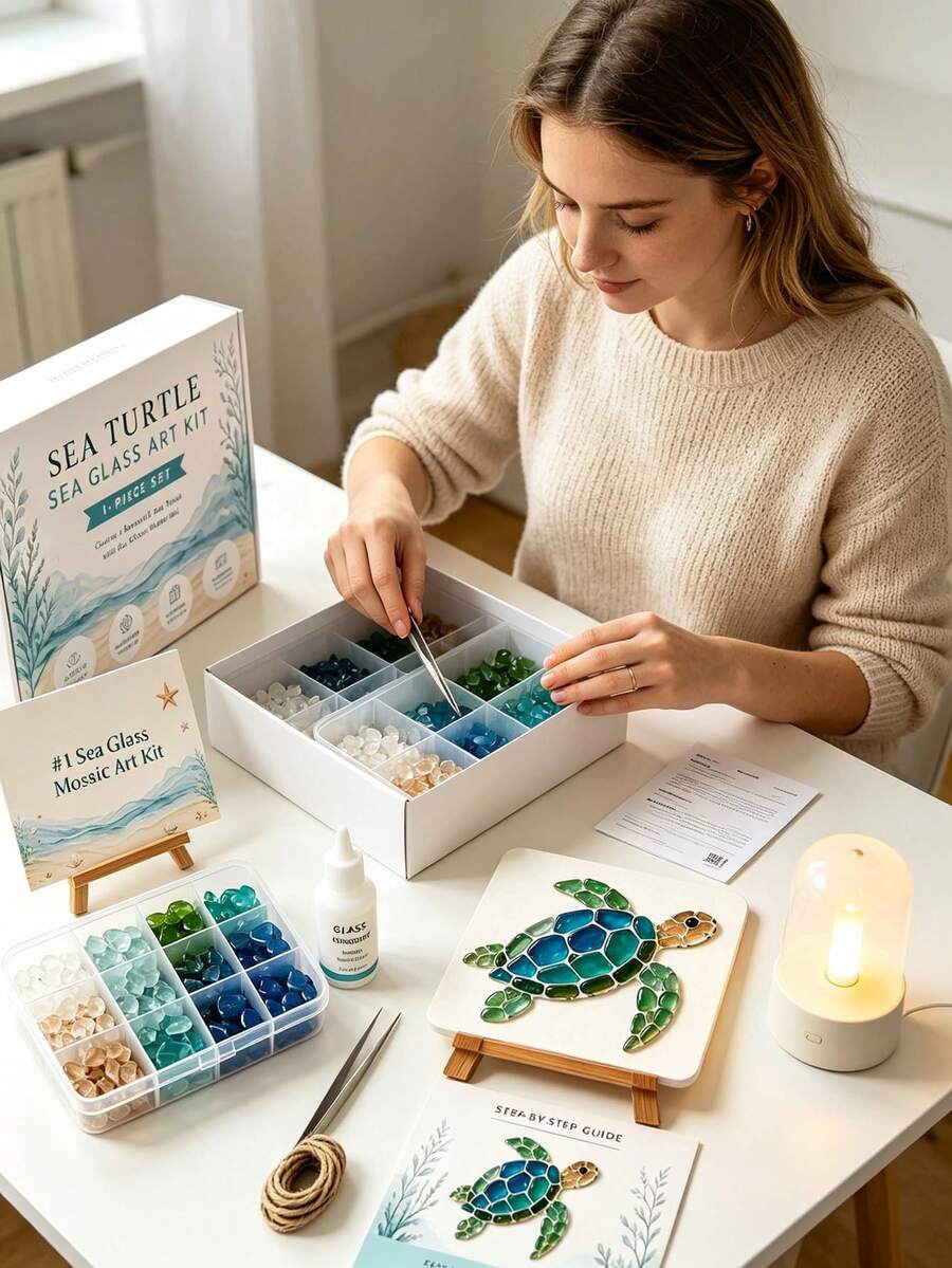 Sea Glass Art Kit, DIY Sea Glass Mosaic Art Set, Ocean Theme Sea Glass Craft Kit, Includes Colored Glass Pieces, Exquisite Ocean Inspired Artwork, Beach Home Decor Creative Handmade Gift - Multicolor - View 1