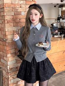 Women's 2-In-1 Striped Shirt & Knit Cardigan With Collar, Small Heart Embroidery, Slimming Thin Long Sleeve Jacket, Commuter Preppy Style - Grey - View 4