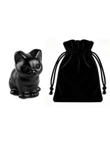 Natural Stone Cat Figurine, Hand‑Carved Crystal Cat Statue With Velvet Pouch, Decorative Desktop Ornament For Home Gift Collection - Multicolor - View 9