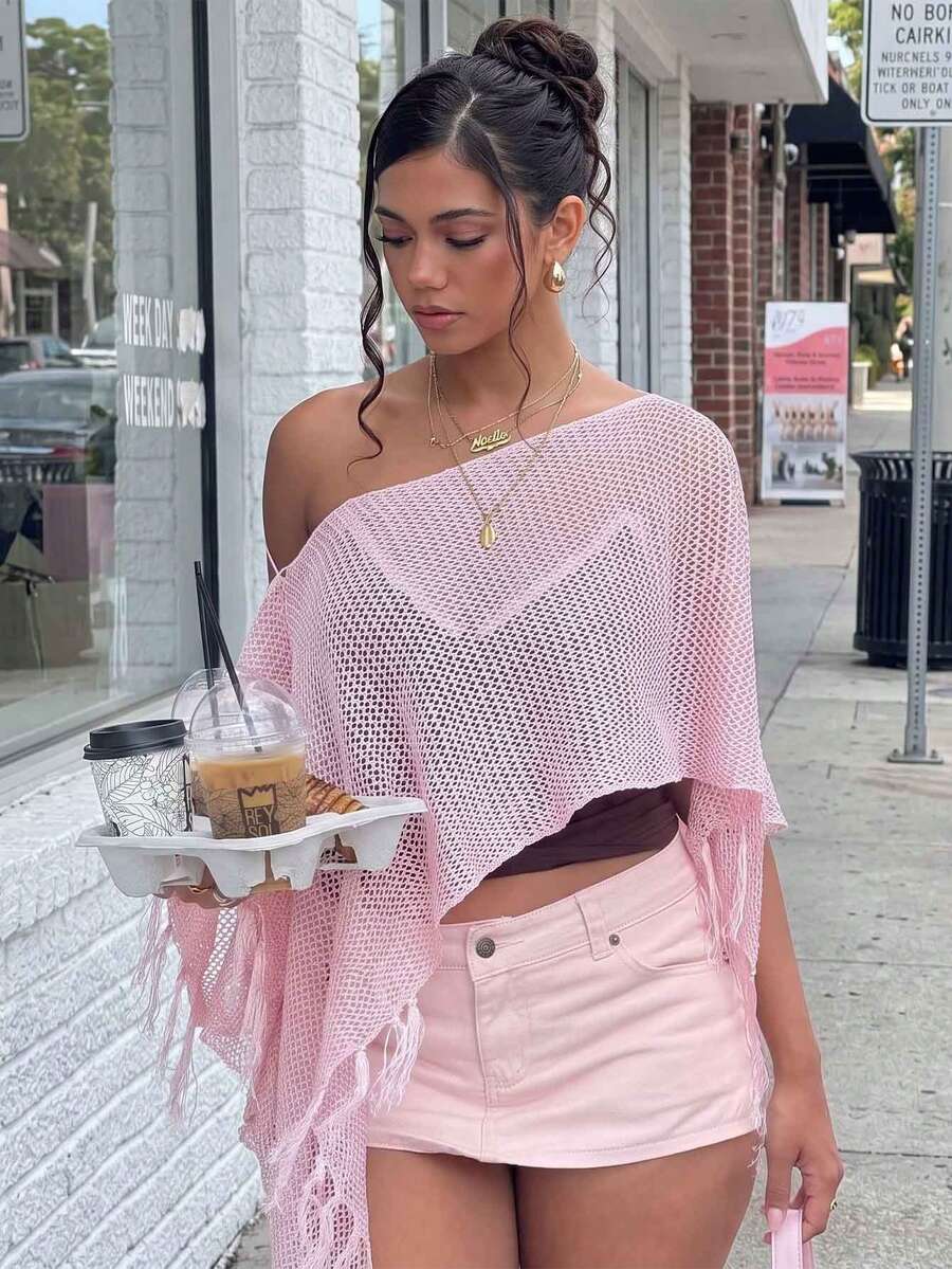 Women's Casual Sexy Loose Knit Solid Color Tassel Asymmetrical Hem Vacation Blouse - Baby Pink - View 1