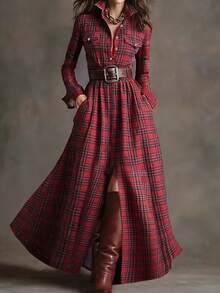 Women's Autumn/Winter Fashion Multi-Color Plaid Vintage Long Dress - Red - View 4