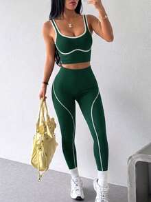 2pcs Women's Sports Set, U-Neck Backless Minimalist Black & White Striped Sports Tank Top & Yoga Bra Top & Pants, Iron Fitness Outfit - Dark Green - View 4