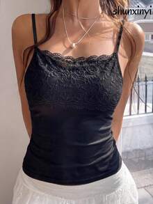 Áo hai dây camisole nữ viền ren, ôm sát, màu trơn, áo tank top mặc trong và mặc ngoài gợi cảm - màu đen - Xem 2