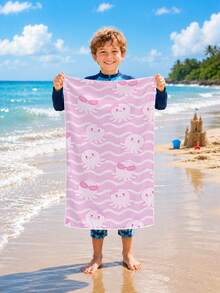 1pc Cartoon Pink Octopus Wave Pattern Children's Beach Towel, Super Soft Microfiber Extra Large Beach Blanket, Super Absorbent Bath Towel, Suitable For Travel, Swimming Pool, Diving, Surfing, Yoga, Camping, Available In Multiple Sizes, Beach Accessories - Multicolor - View 6