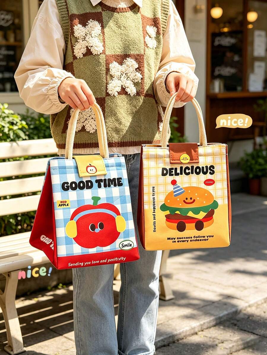 Vigour Summer Cute Cartoon Pattern Insulated Lunch Bag With Utensil Storage Pouch, Large Capacity Waterproof Thermal Bento Tote Bag, Soft Handle, Reusable Food Container Carrier, Suitable For Women, Students, Office Work, Picnic, Camping, Back To School Gift - Multicolor - View 1
