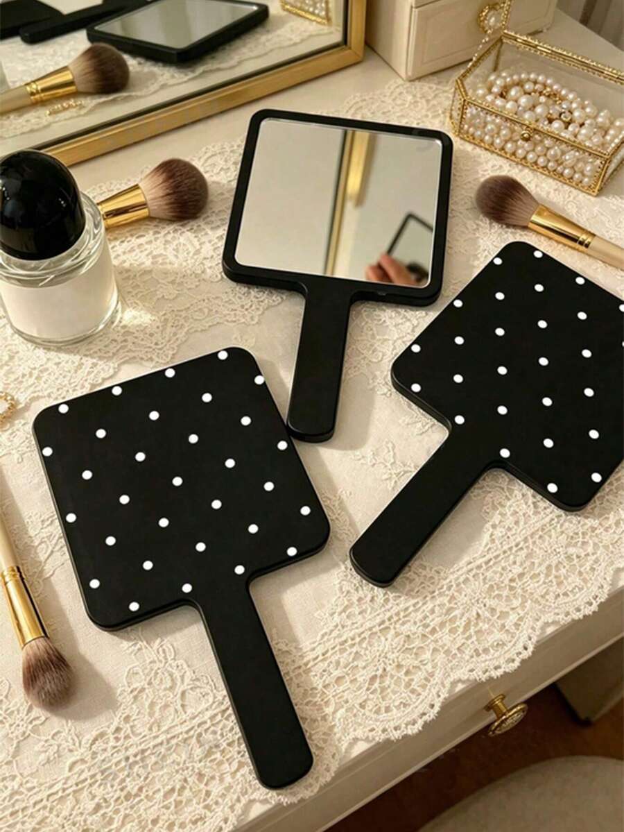 1 Black And White Polka Dot Handheld Makeup Mirror, Square High-Definition Makeup Mirror With Handle, Portable Vanity Mirror, Suitable For Daily Makeup And Travel - Multicolor - View 1