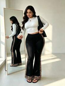 Plus Size Women's High Waist Leopard Print Patchwork Flare Pants - Black - View 7