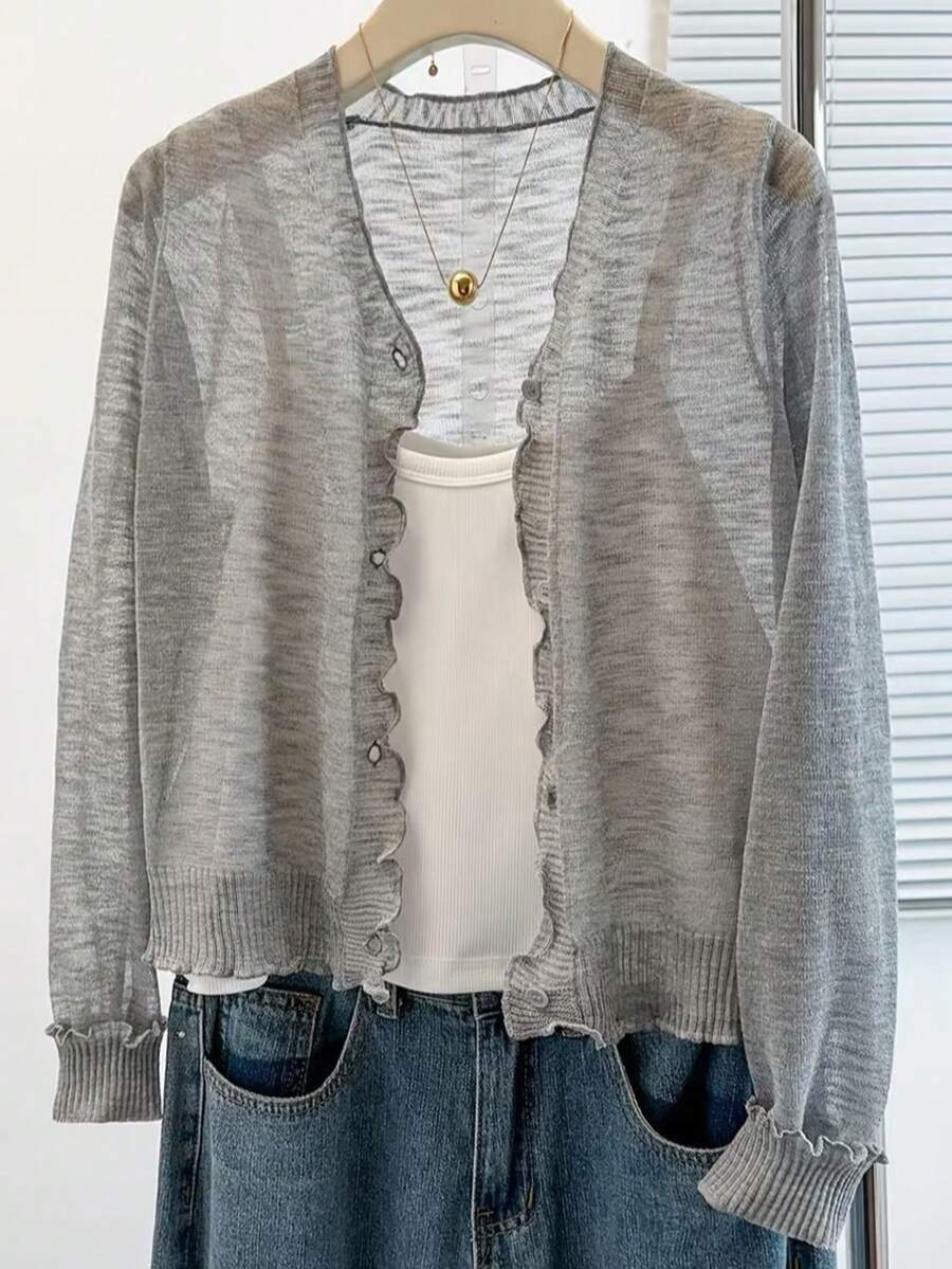 Áo cardigan len dệt kim cài nút màu trơn phong cách thường ngày đa năng size lớn cho mùa thu - Xám - Xem 1