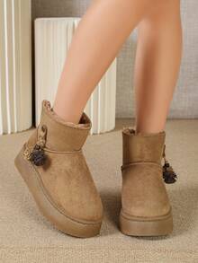 Solid Color Faux Suede Pom‑Pom Tassel Decor Platform Slip‑On Short Winter Snow Boots For Women - Camel - View 2
