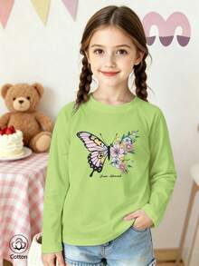 Girls Cotton Raglan Long Sleeve T-Shirt, Autumn Winter, Butterfly & Floral Print With Fun Ahead Text, Round Neck, Cute Sweet Girly Preppy Style - Fruit Green - View 2