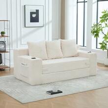 Three-Seater Sofa Made Of Cotton And Linen Fabric, With Cup Holders And Side Pockets, Can Be Converted Into Three Seats, Frameless Design With Knitted Cushions And Backrest, Large Seat - White - View 7