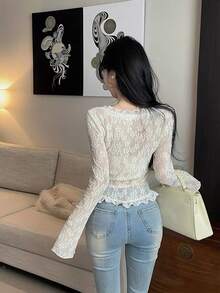 Women's Lace Blouse Inner Layer Long Sleeve Top, Autumn - Apricot - View 9