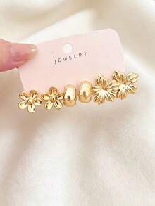 4/16pcs Women's Luxury Fashion Gold Metallic Earring Set, Flower, Left And Right Ear Flower, Plain C-Hoop Series Earrings, Made Of ABS Resin Material With High Color Retention Gold Plating, Resistant To Fading, Low Allergy, Suitable For Daily Commute, Dating, Vacation, Holiday Gift - Gold - View 13