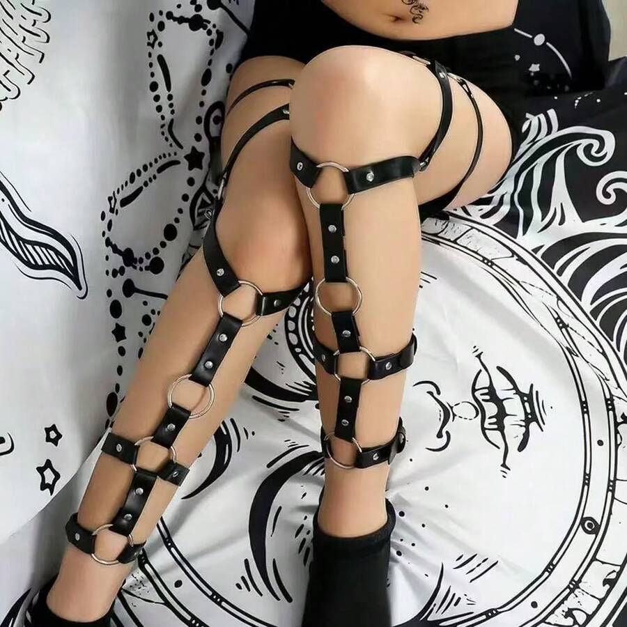 女款性感鉚釘大腿吊襪帶 PU皮革腿環哥德風服裝配件,適用節日嘉年華 - 黑色 - 查看 1