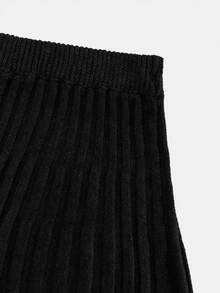 Damen Stehkragen einfarbiges Drop-Shoulder lockeres Strickoberteil + Hochbund Faltenrock, französischer eleganter Herbst Winter Alltagskleidung, weich gemütlich vielseitig - Schwarz - Übersicht 8