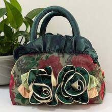Women Elegant Floral Satin Small Handbag, 3D Flower Ruffle Trim Top Handle Mini Tote Bag Daily Makeup Purse - Multicolor - View 13